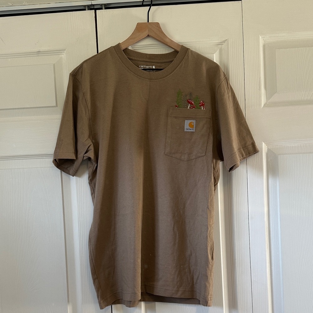 Carhartt Short-Sleeve Pocket Tee in Brown with Mushroom Embroidered Accent